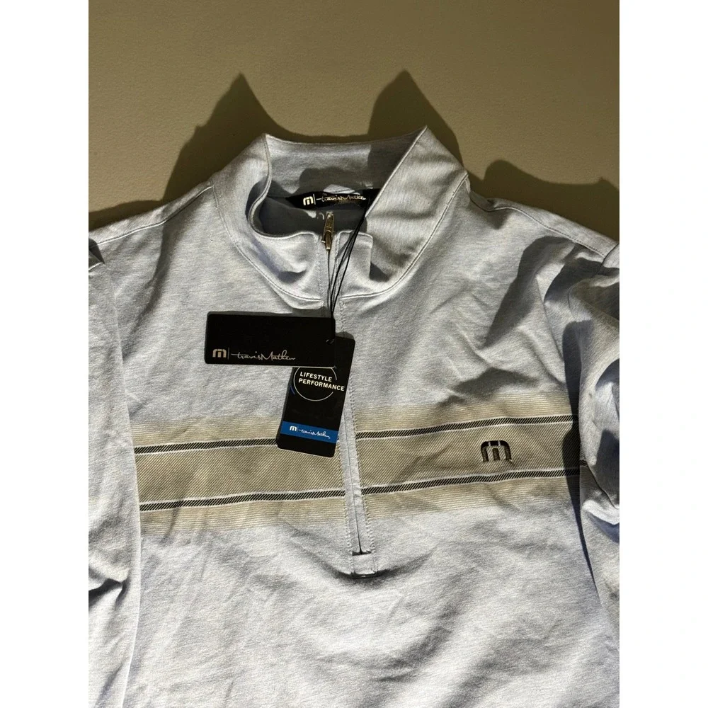 Travis Mathew Mens Blue Heathered Quarter Zip Pullover Chest Stripe Large NWT